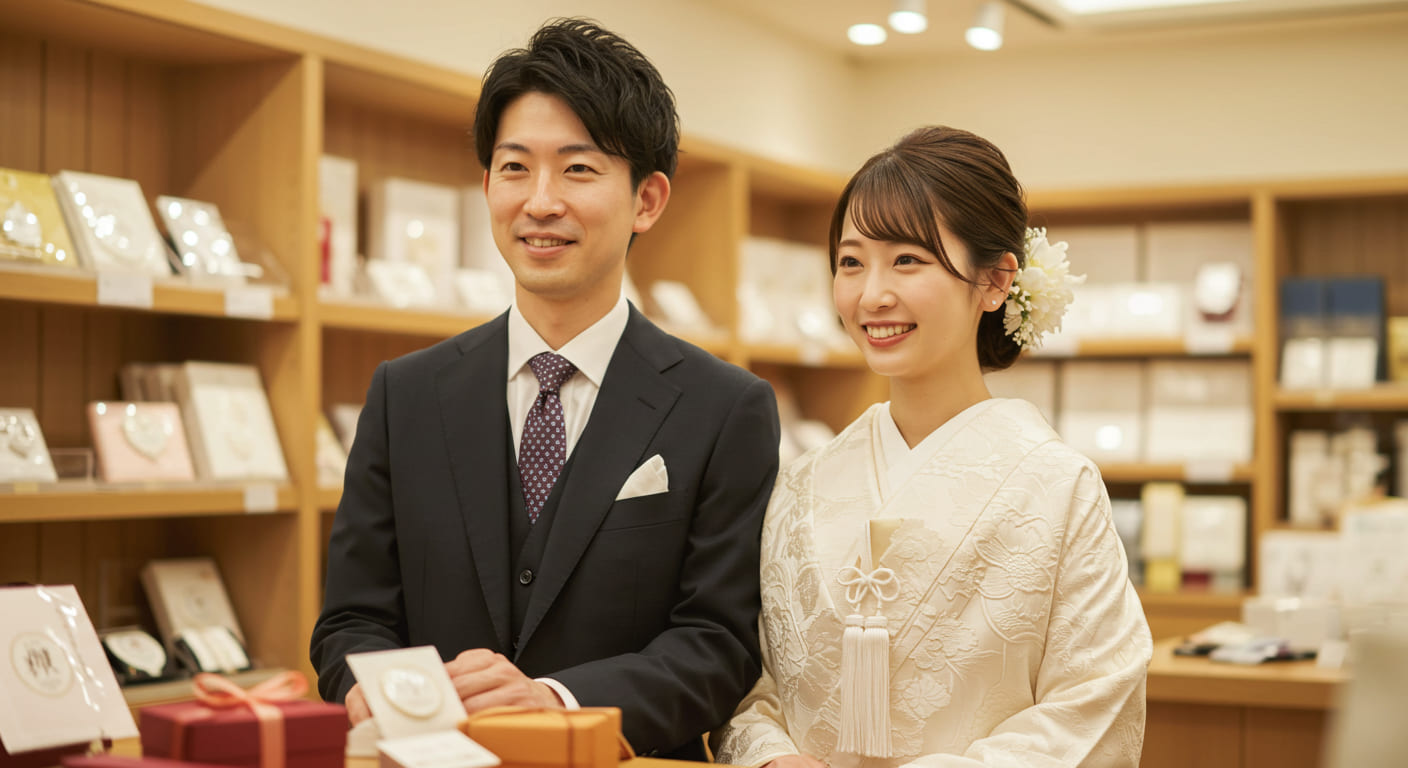 引き出物選定基準を確定した満足そうな新郎新婦