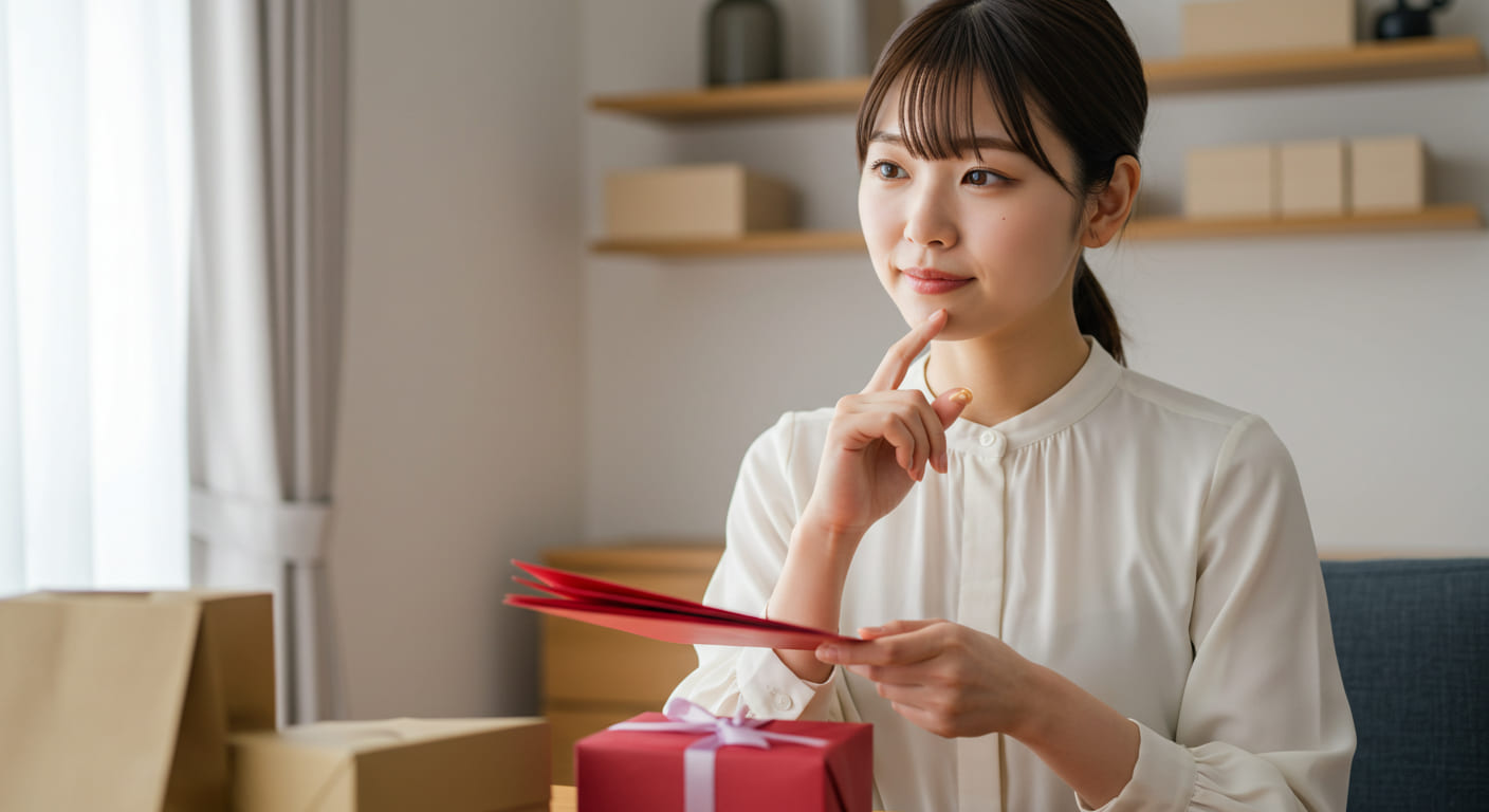 センスのいいちょっとしたプレゼント選びについて真剣に考えている女性の表情。ギフト選択の基準や相手への思いやりを考慮している様子