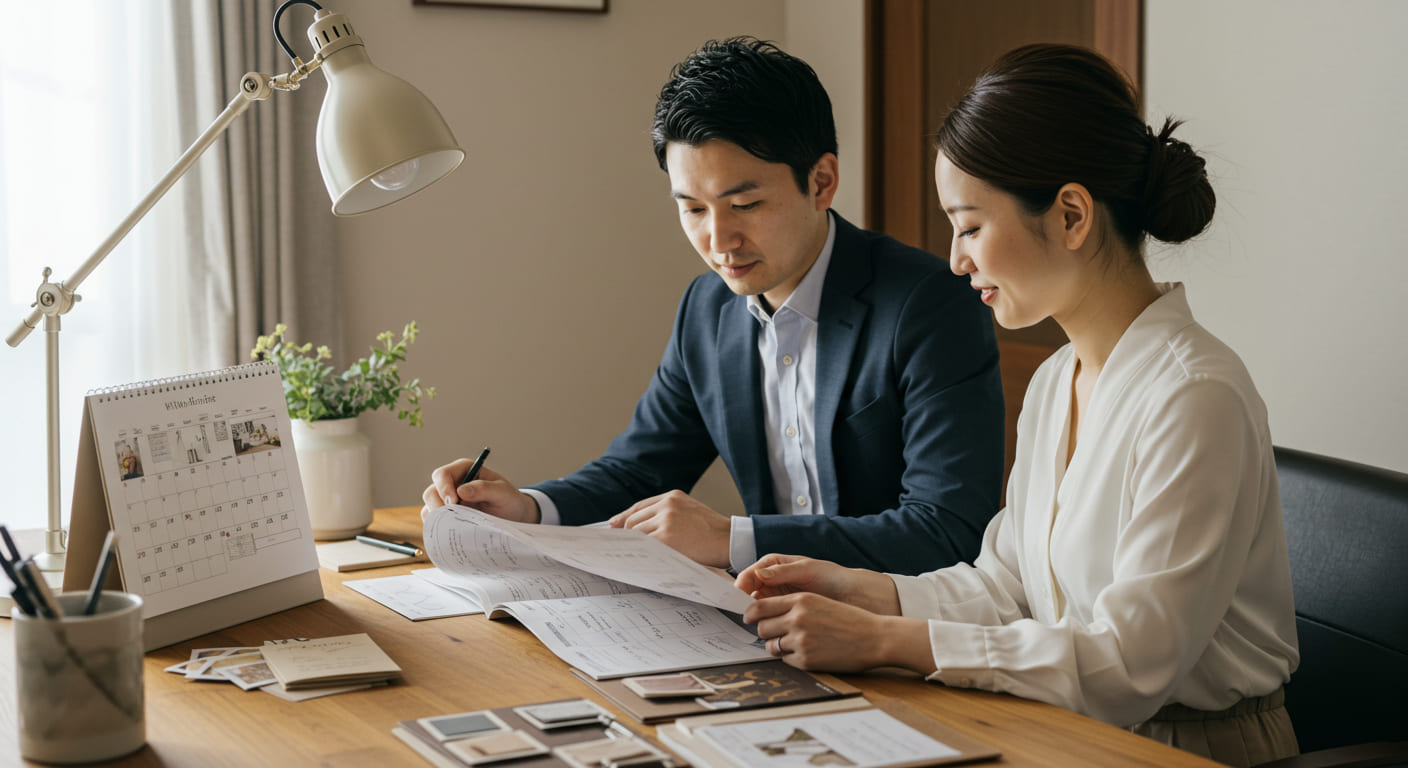 結婚式準備の段取りを計画している新郎新婦がカレンダーを見ながら話し合っている様子、明るい室内で自然な表情