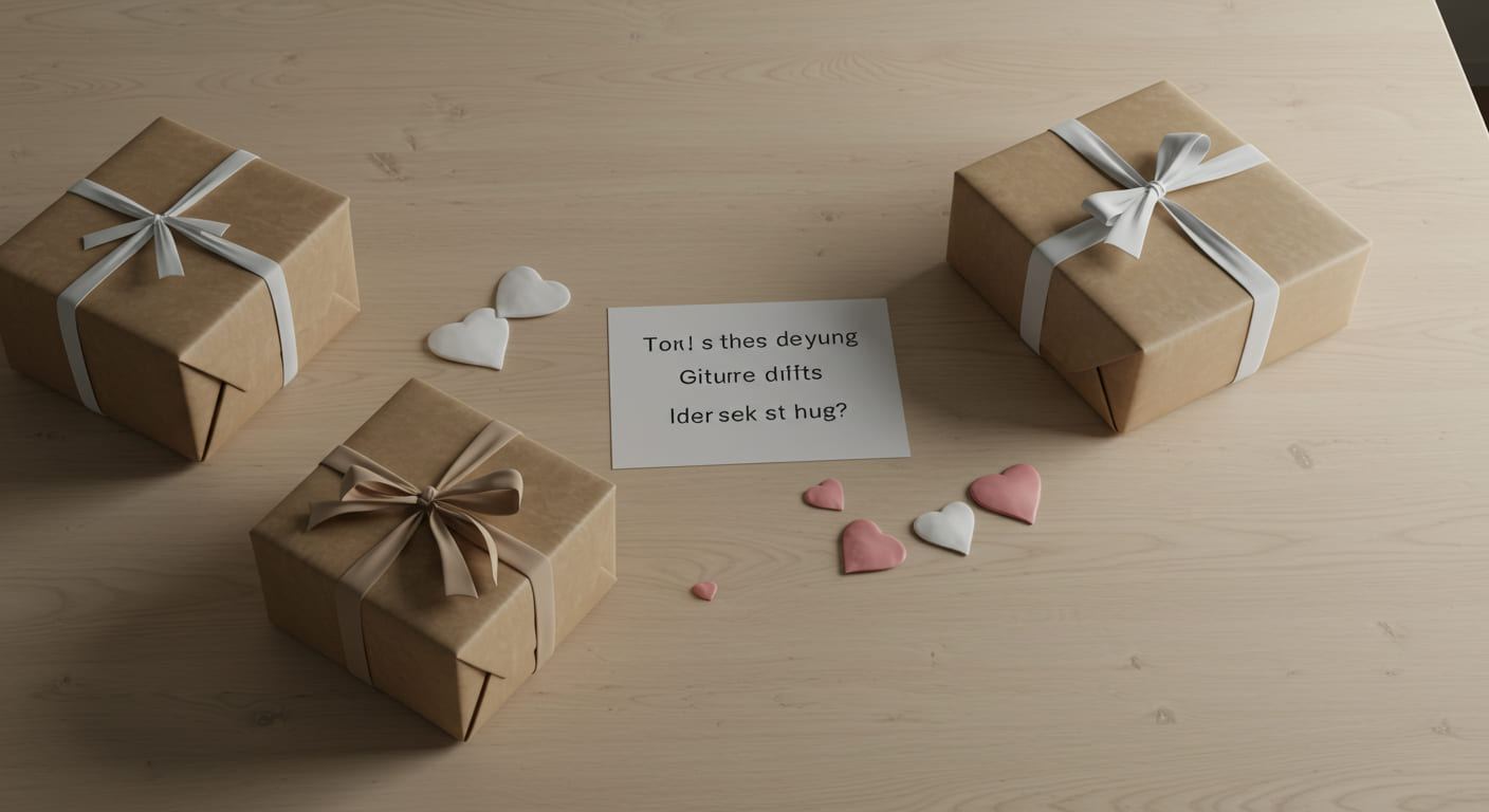 結婚祝いのお返しについて考える新婚夫婦が相場表を見ながら真剣に話し合っている様子、テーブルに贈り物の準備をしている