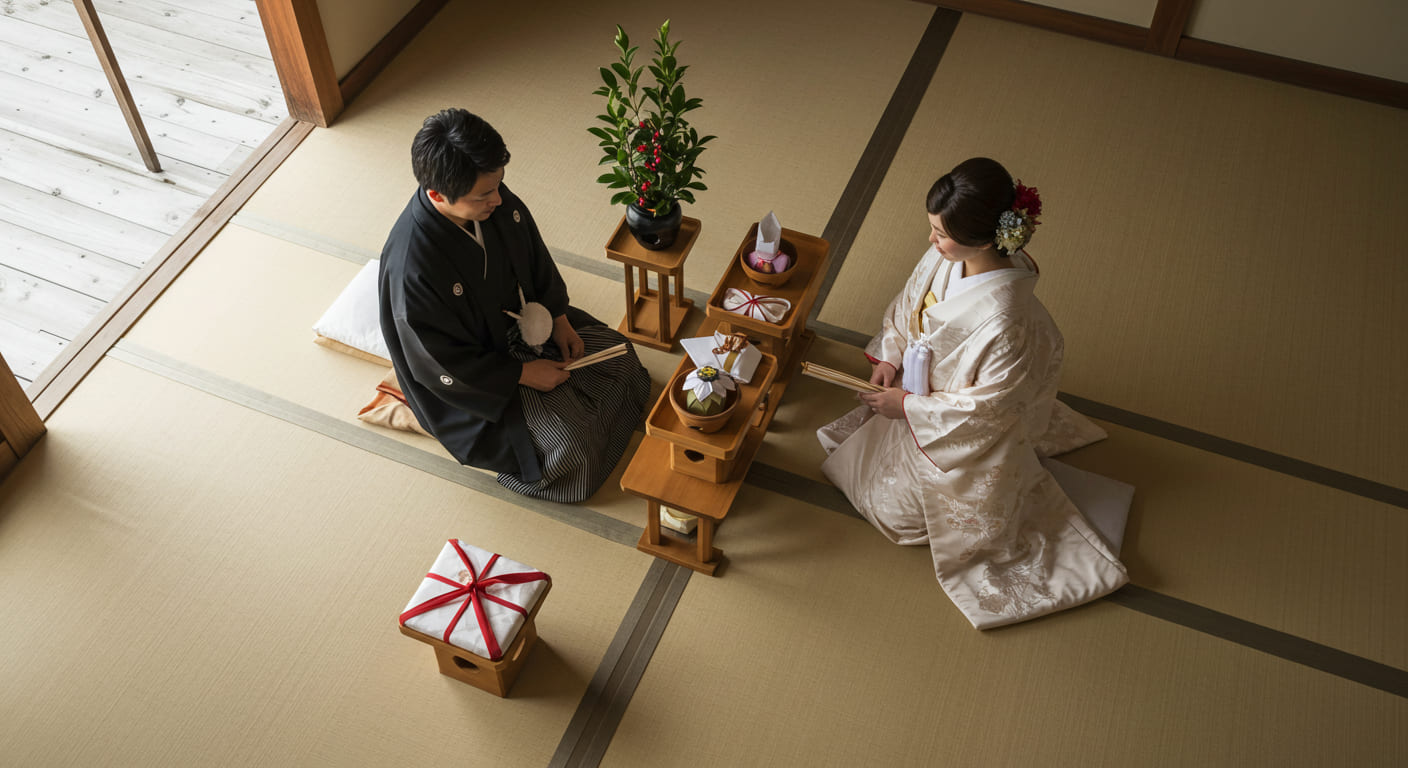 結納の伝統的な意味と現代における変化を表現する、両家の結びつきと心の通じ合いを重視した温かな雰囲気の場面
