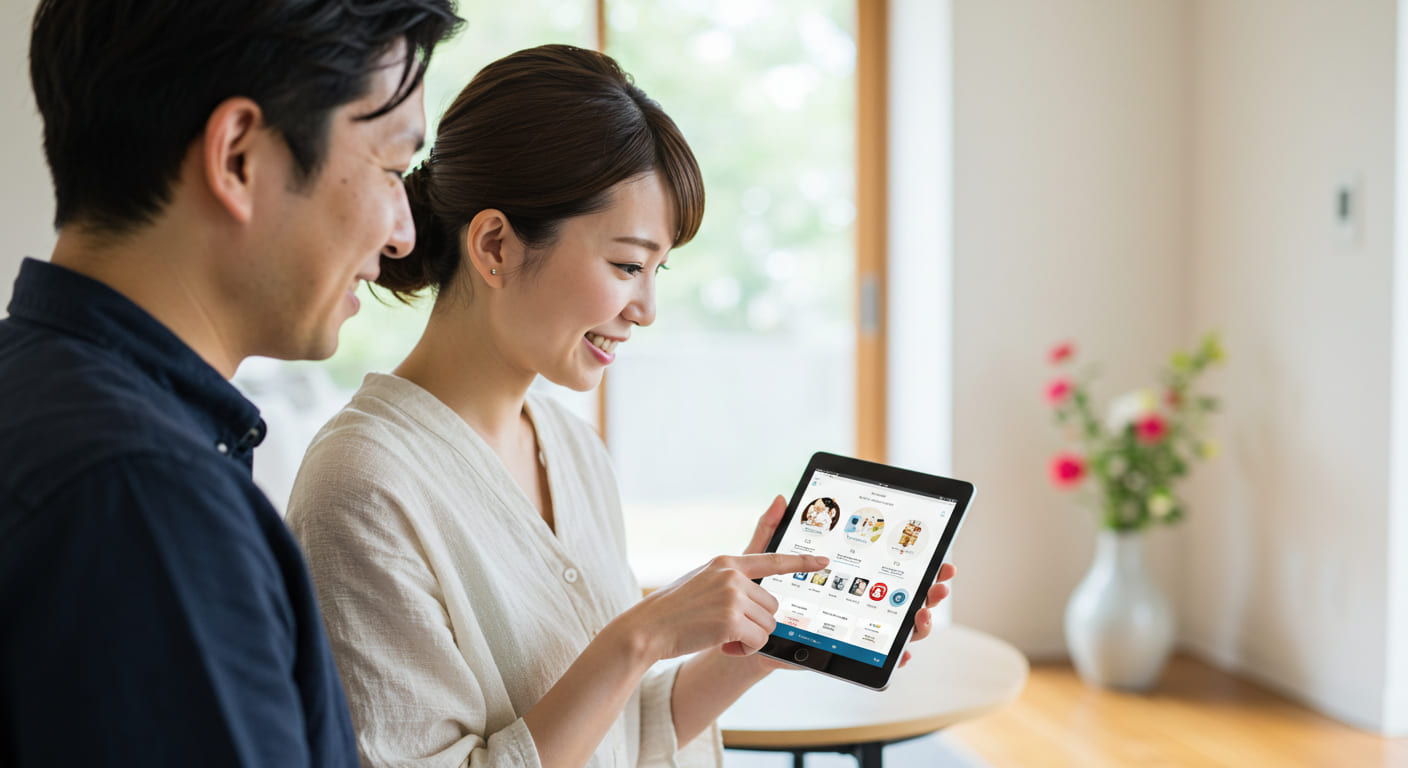 結婚式準備の効率化を図るためデジタルツールを活用している新郎新婦が満足そうに作業している明るい環境