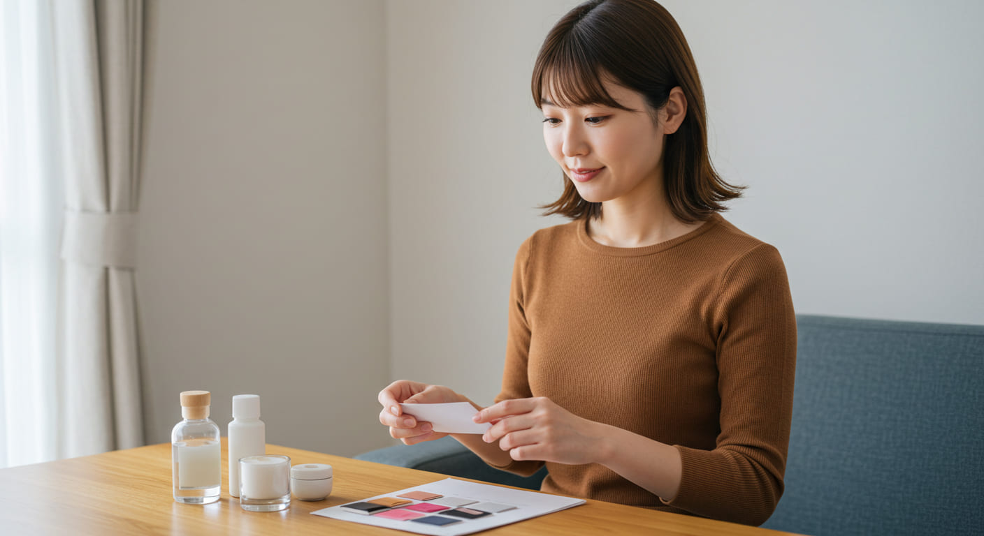 相手別・シーン別のプレゼント選択について整理している女性。様々なギフトサンプルを前に相談の雰囲気で検討している様子