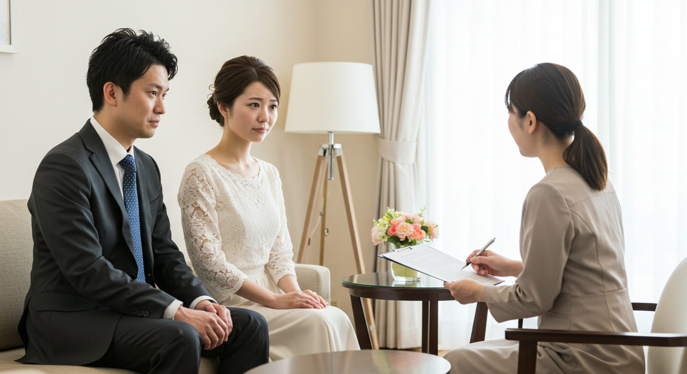 結婚式準備の疑問について相談している新郎新婦と経験豊富なスタッフが安心できる雰囲気で話し合っている様子