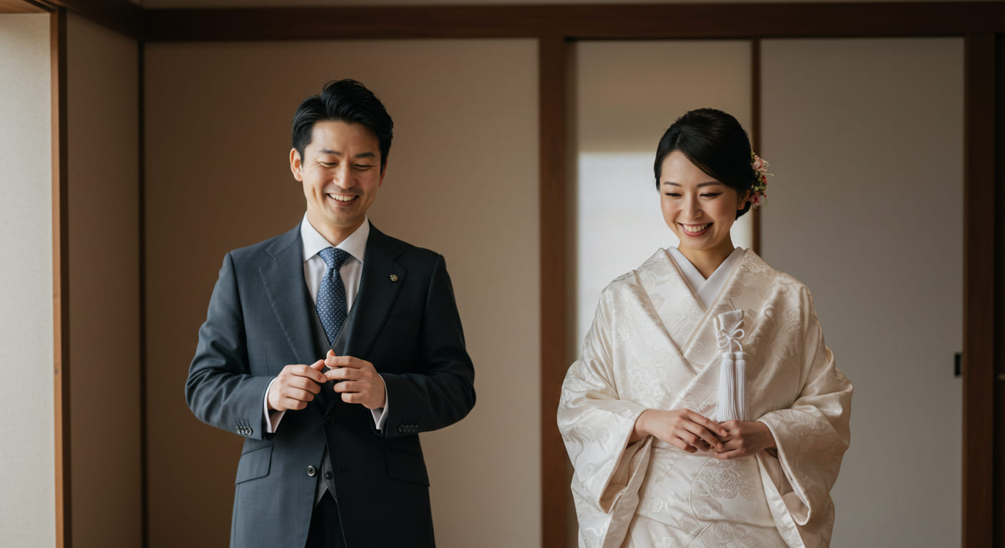 結婚式準備を効率的に完了させた新郎新婦が達成感に満ちた笑顔で最終確認をしている穏やかで満足そうな表情