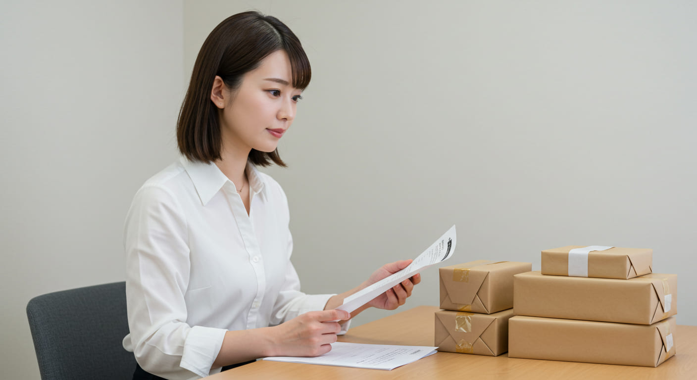 プレゼント選びに関するよくある質問への準備作業をしている女性。エレガントな服装で質問対応の準備を整えている様子