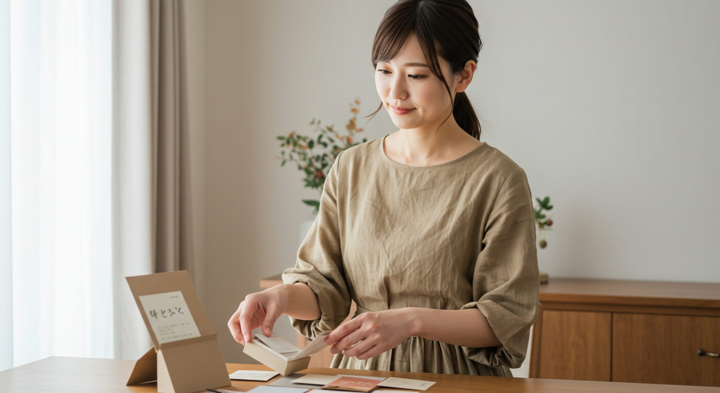 結婚祝いの贈り方マナーについて整理する日本人女性、エレガントなドレス姿で贈り物のサンプルを確認しながら相談の雰囲気、自然な環境