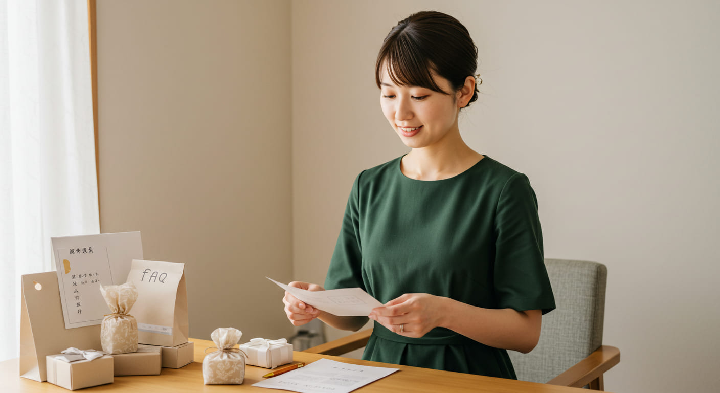 結婚祝いに関するよくある質問を整理する日本人女性、エレガントなドレス姿でサンプルを確認しながら相談の雰囲気、自然で真正な環境