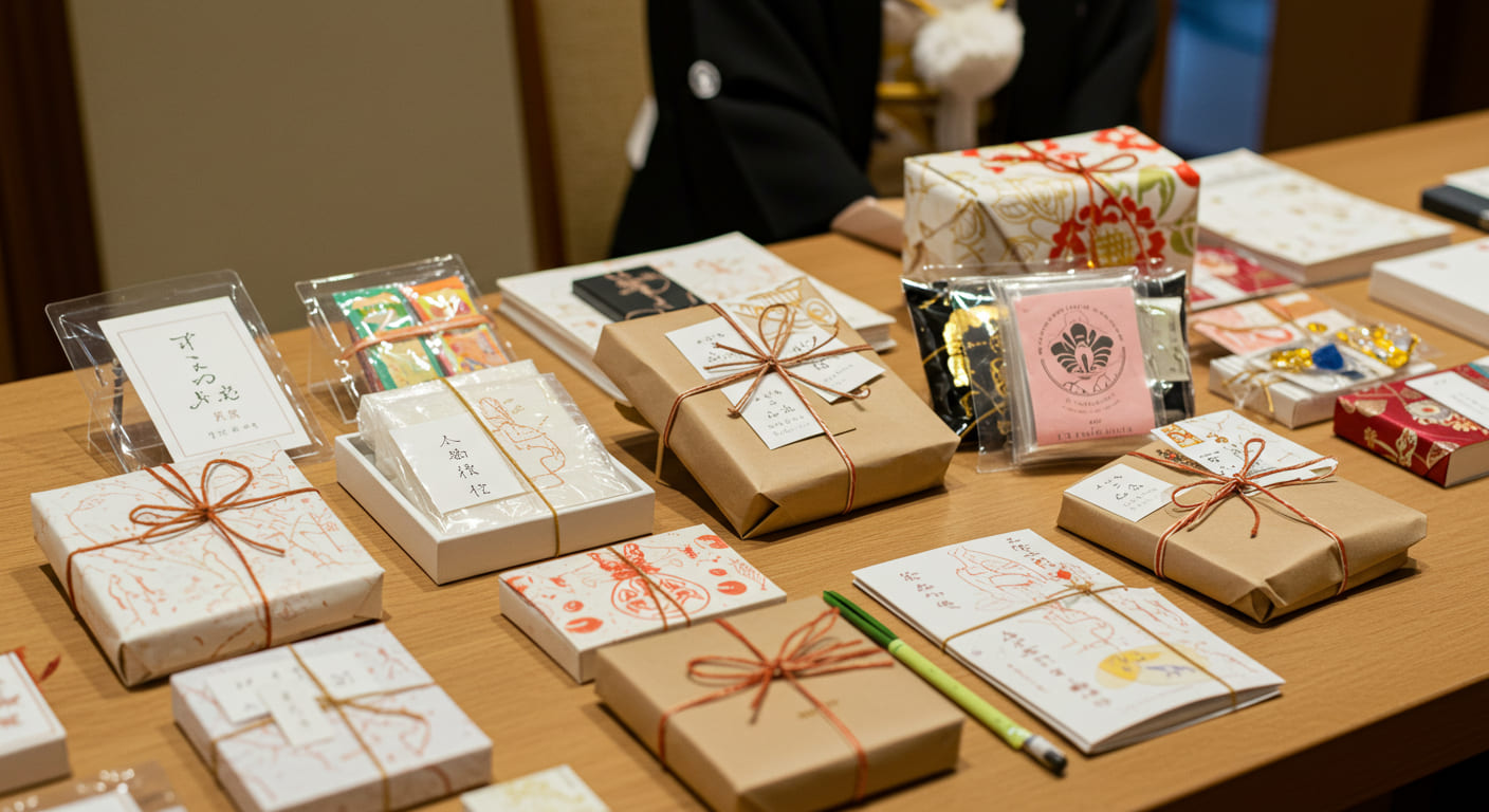 結婚祝いプレゼント選びが完了した日本人女性、エレガントな服装で包装されたアイテムとサンプルを確認、自然な表面設定での環境ストーリーテリング