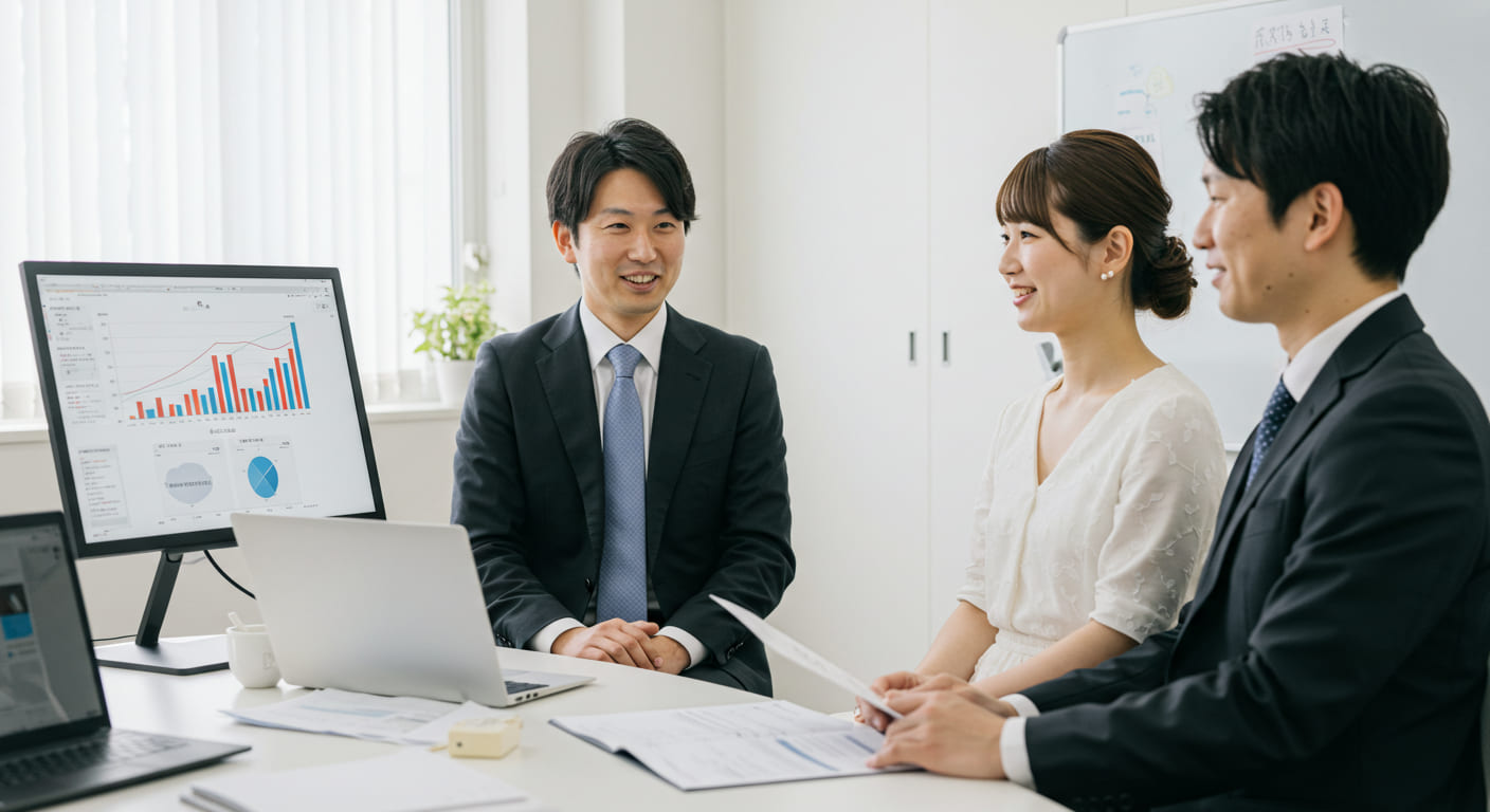 結婚式業界のデジタル変革について説明する専門コンサルタントが、最新トレンドデータを示しながら新郎新婦に相談している様子