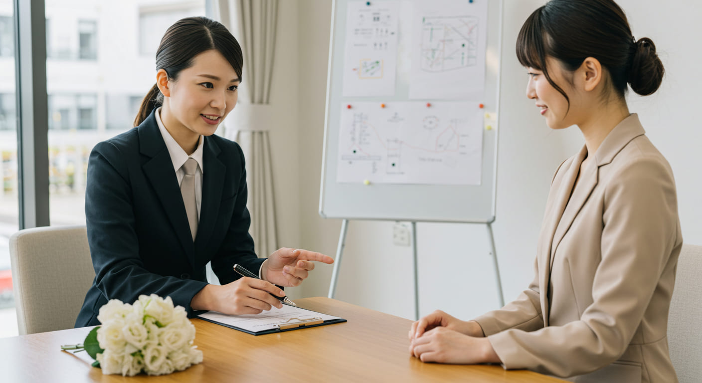 結婚式準備の簡素化について相談する専門コンサルタントとカップル、ECRSフレームワーク資料を見ながら話し合う様子