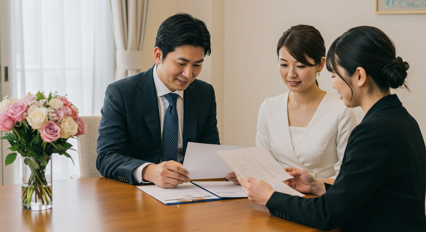 結婚式の演出について相談している新郎新婦の表情、ウェディングプランナーとの打ち合わせの雰囲気、資料を見ながら検討している様子