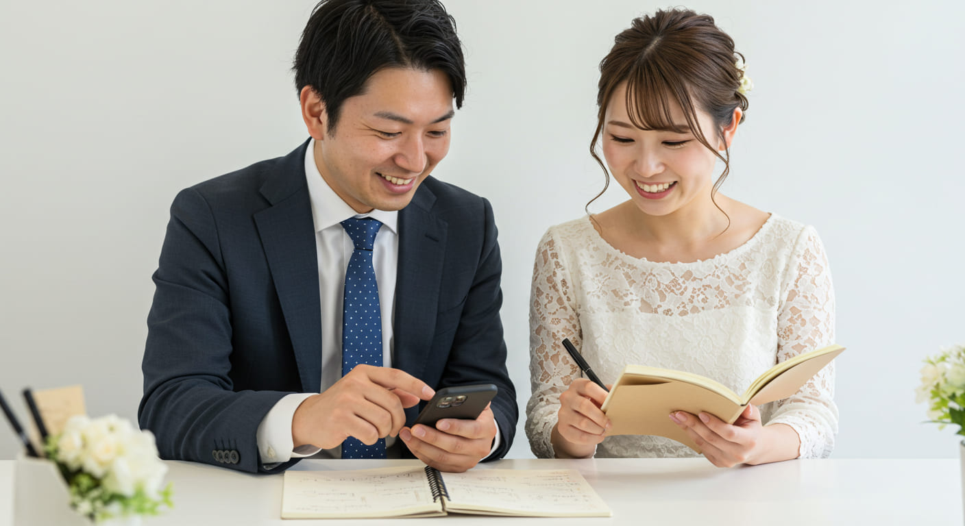 結婚式準備を効率的に進める新郎新婦がスマートフォンとノートを使って計画的に作業している明るい表情の様子