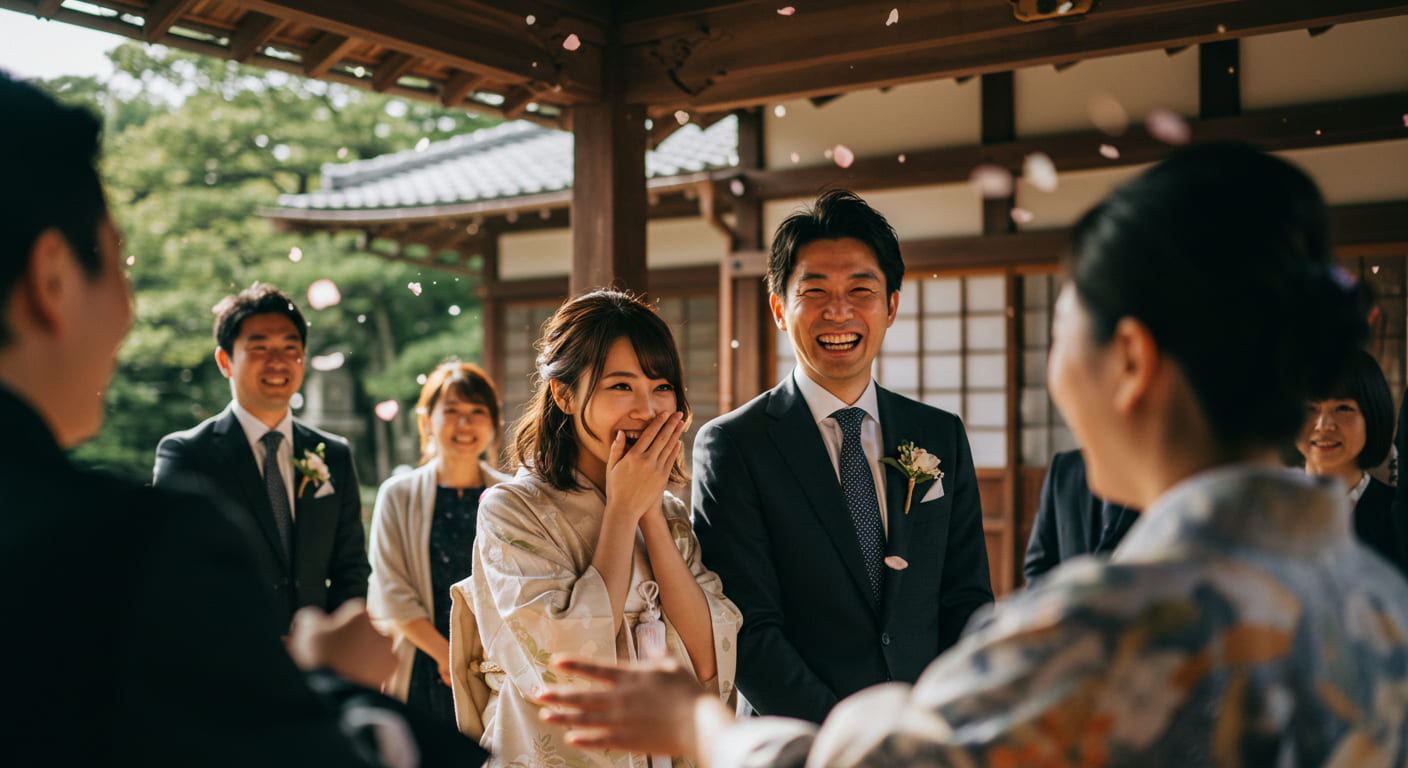 結婚式でサプライズ演出を楽しんでいるゲストの感動的な表情、花びらやバルーンが舞う幸せな雰囲気、新郎新婦の喜びの様子