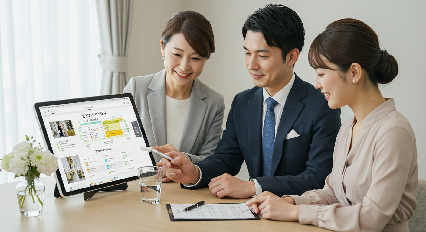 結婚式デジタル化の段階的導入プロセスを整理し、実践的な手順を検討しているプランナーとカップルの打ち合わせ場面