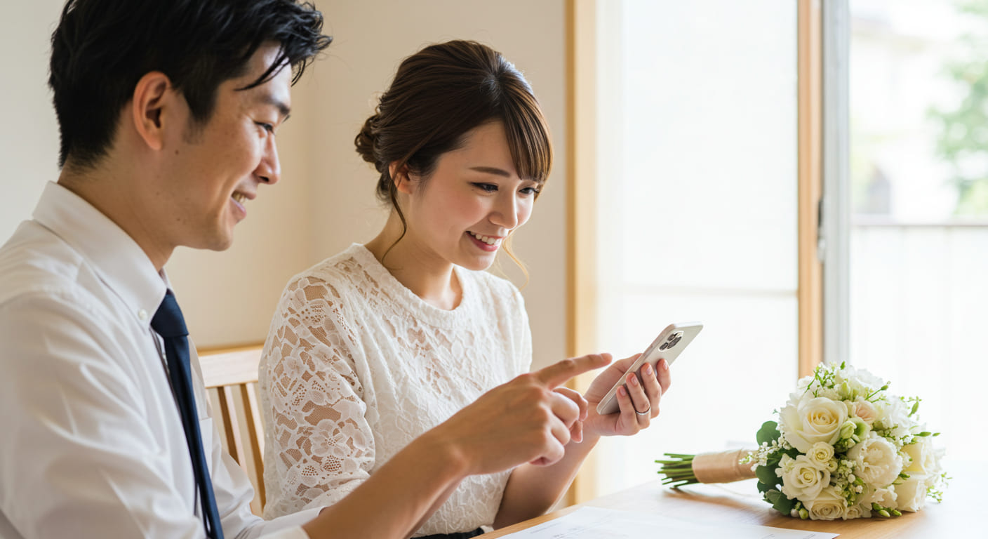 結婚式準備の自動化アプリを活用して効率的に作業を進めるカップルが、スマートフォンで進捗を確認している場面