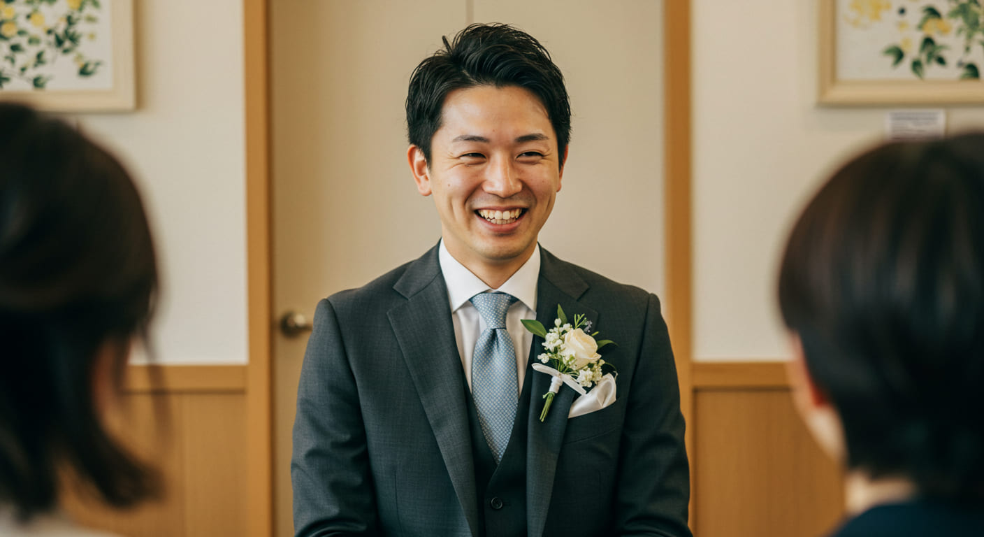 引き出物の節約体験について話す新郎の安心した笑顔、カフェのような親しみやすい環境で体験談を語る自然な様子