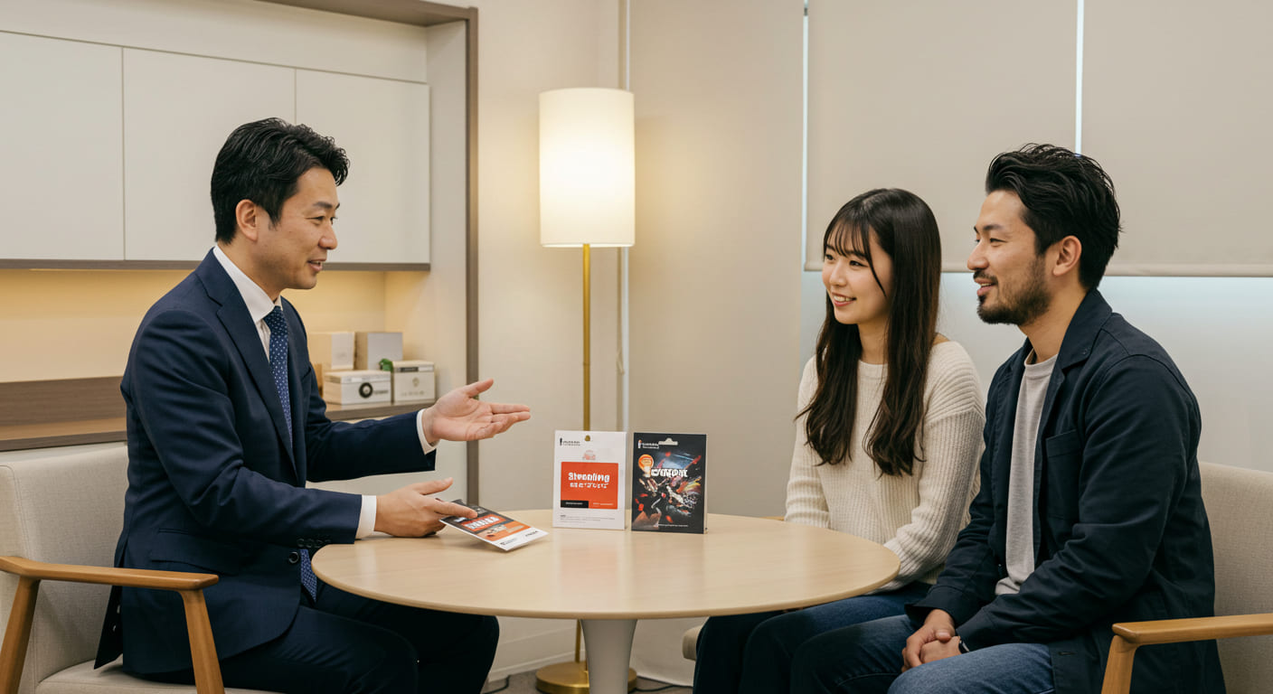 新時代のデジタルギフト戦略について相談する新郎新婦と、カード型ギフトサンプルを提示するコンサルタントの相談場面