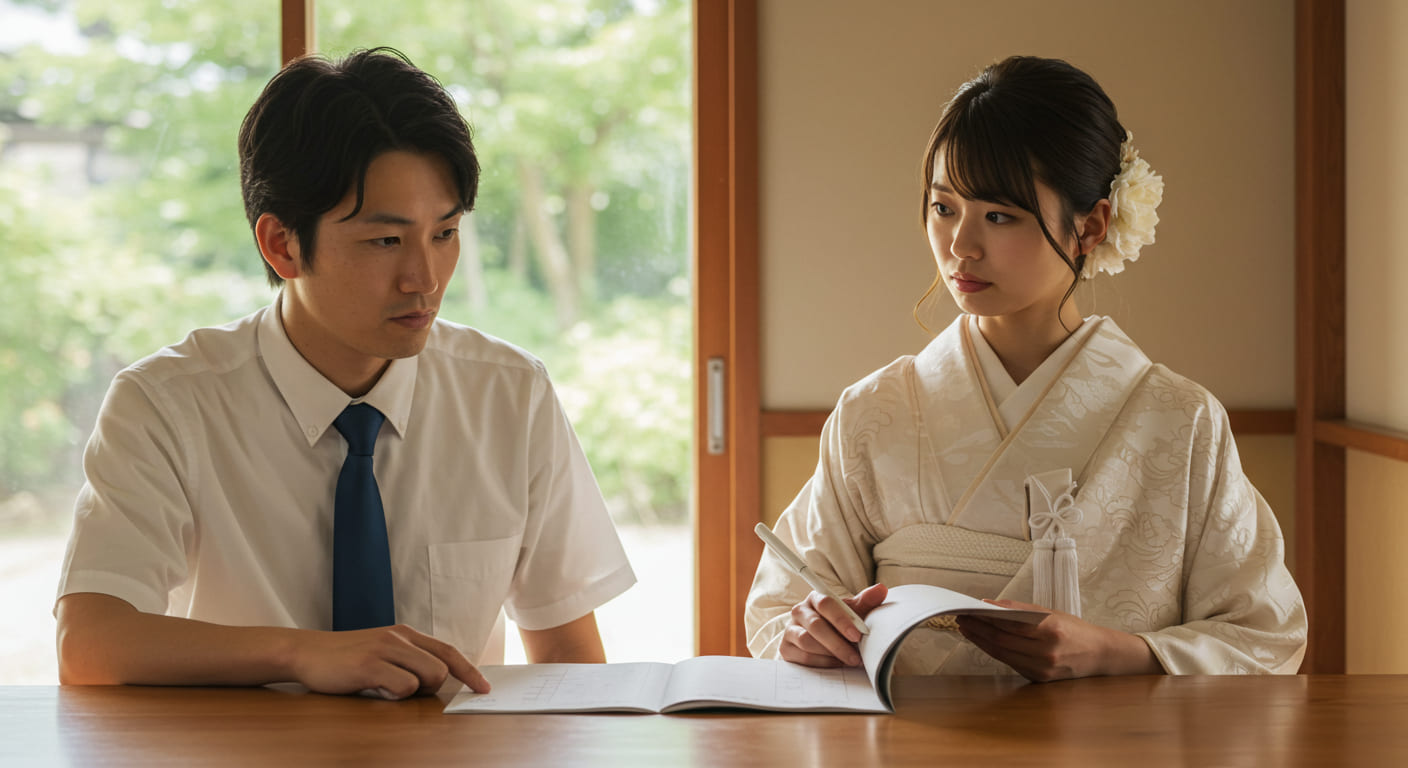 結婚式の選択肢について真剣に話し合い決断を下そうとしている新郎新婦の集中した表情