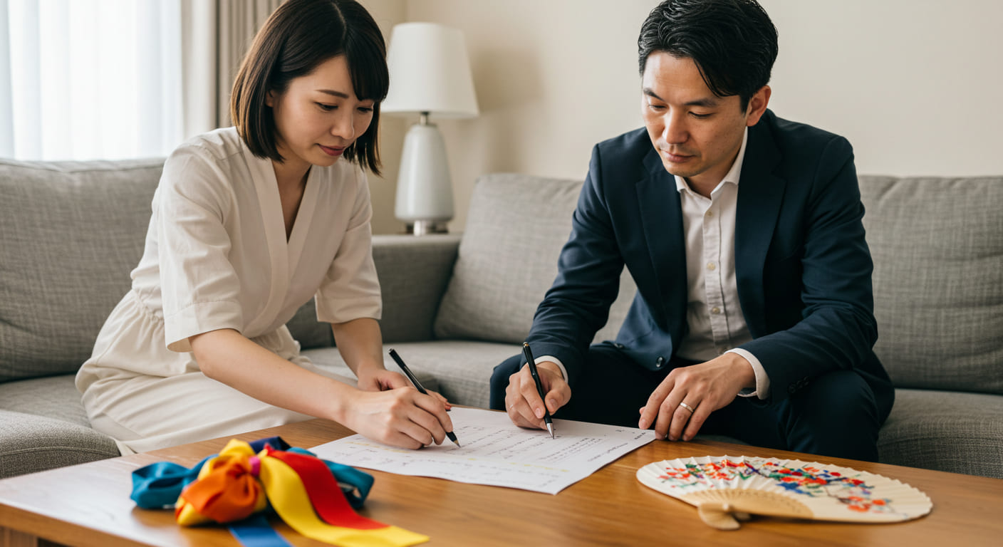 結婚式演出の準備をしている新郎新婦、チェックリストを確認している様子、準備に集中する真剣な表情