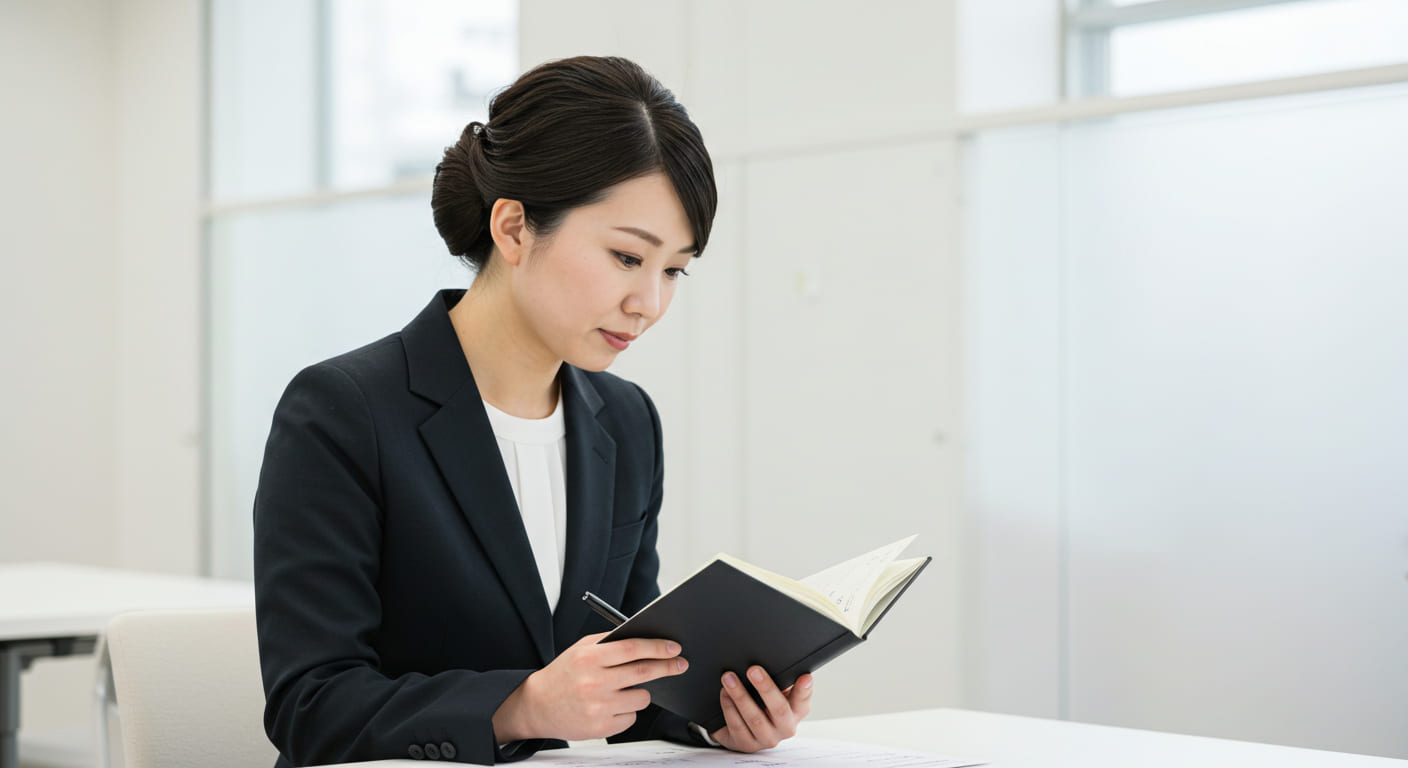 2025年の引き出物トレンドについて調査分析している結婚式業界関係者の真剣な表情、最新情報を整理する集中した様子