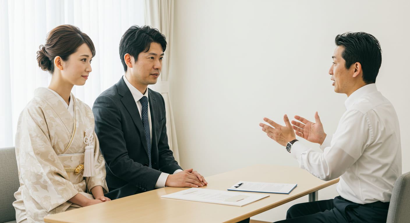 結婚式演出について質問している新郎新婦の表情、専門家からアドバイスを受けている様子、安心した笑顔