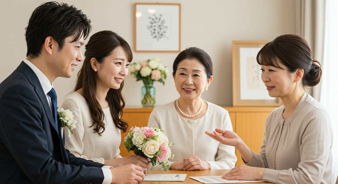 結婚式準備の簡素化について質問し相談するカップル、専門家からアドバイスを受けている表情