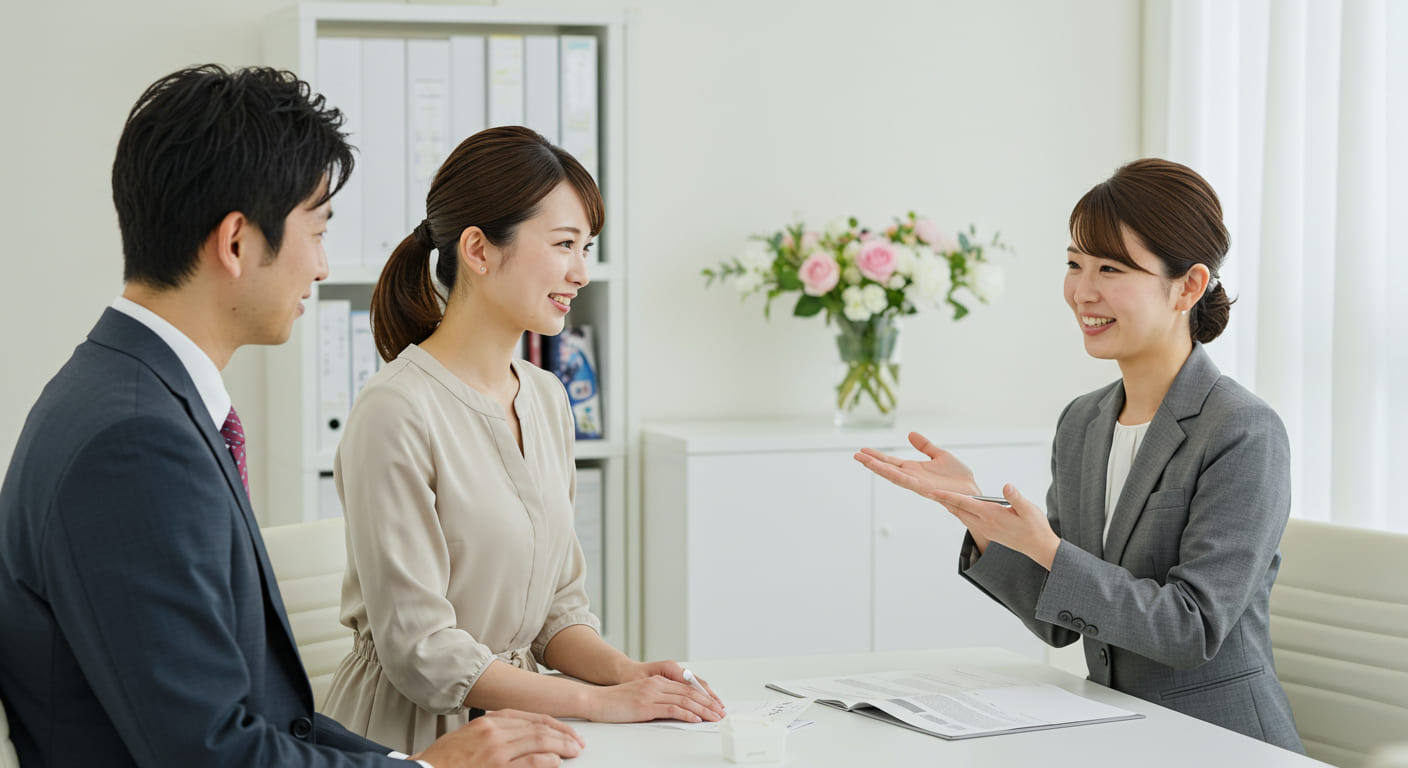 結婚式準備について質問する新郎新婦に専門スタッフが親身になって相談に乗っている安心できる雰囲気