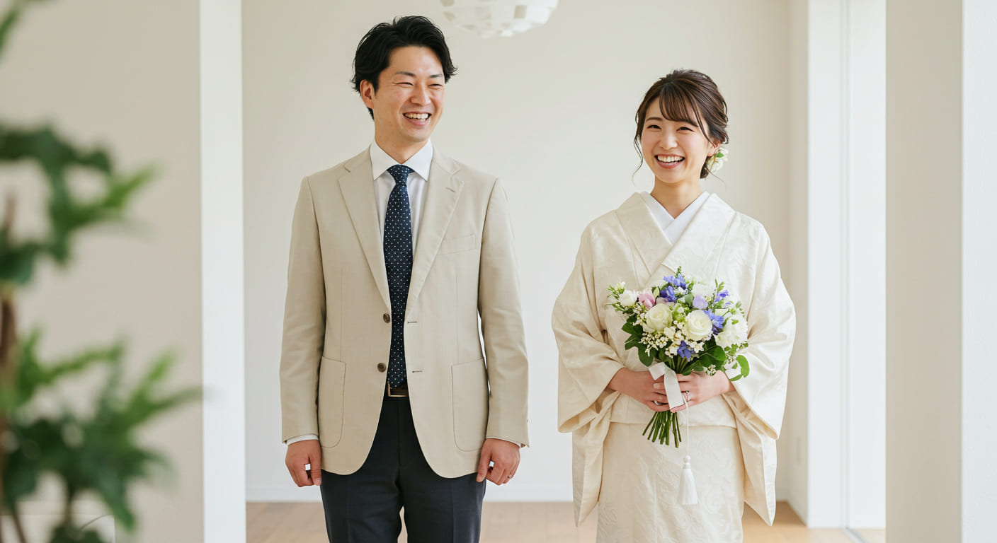 結婚式準備の簡素化を実現し、効率的なプロセスで満足している笑顔のカップル