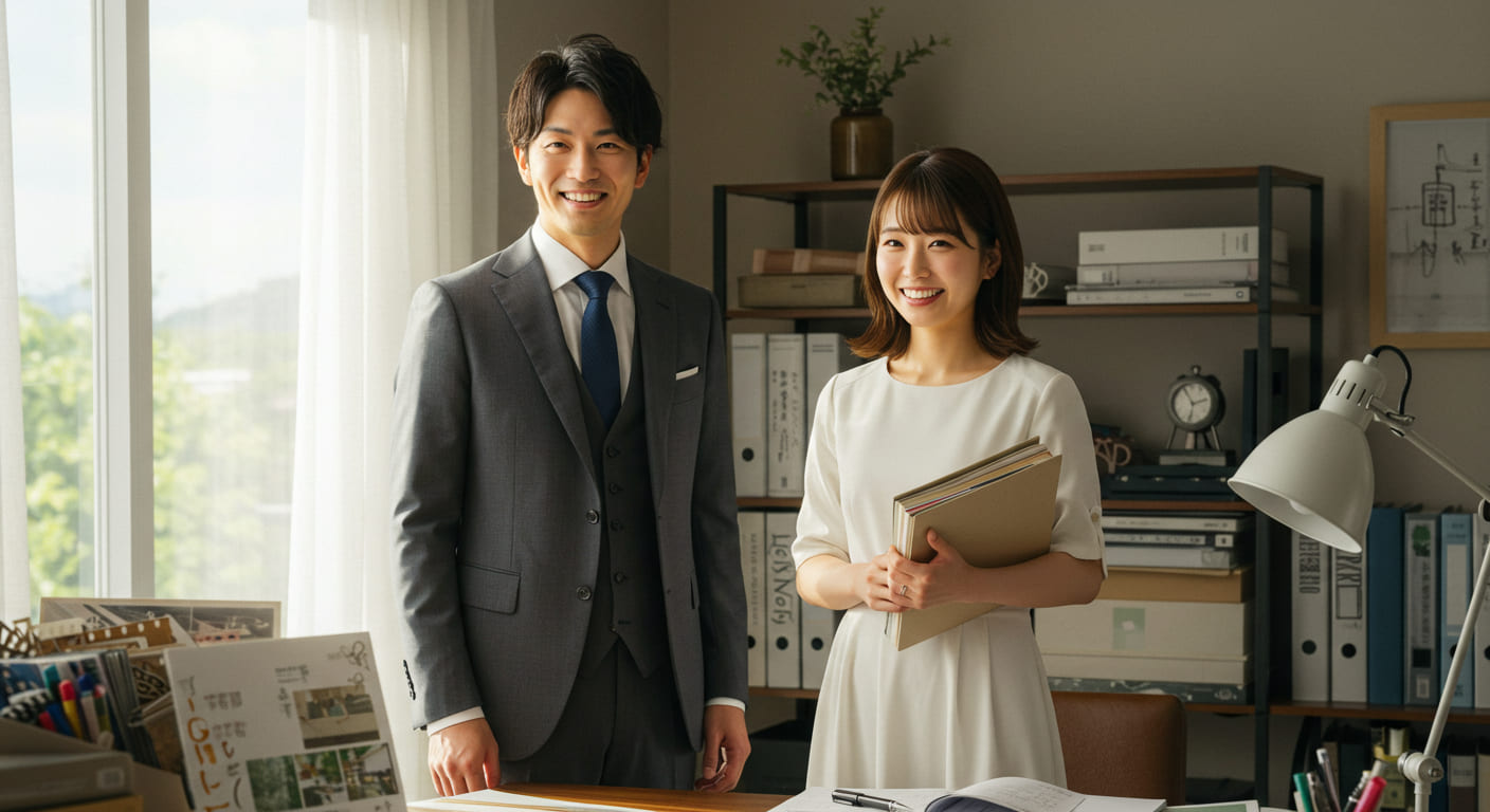 結婚式準備を無事完了した新郎新婦が達成感に満ちた笑顔でお互いを見つめ合い、整理された資料を背景に安堵と満足の表情を浮かべている様子