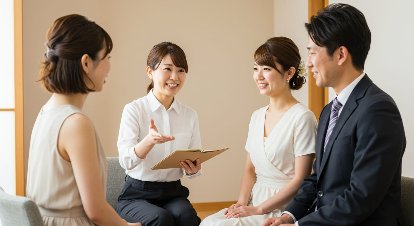 結婚式デジタル化に関する様々な疑問を相談するカップルに、丁寧に回答するプランナーの親身なサポート場面