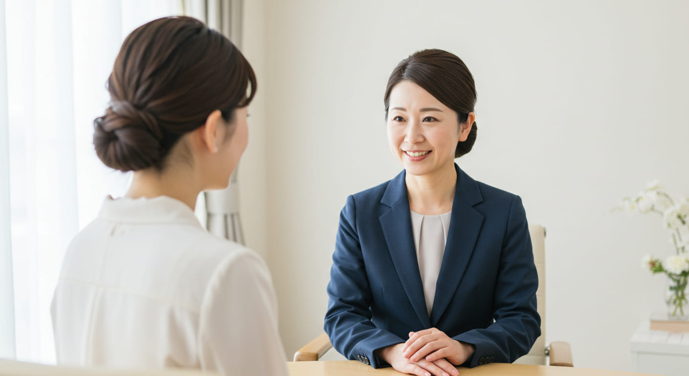 引き出物のコスト削減について質問に答えるウェディングプランナーの親しみやすい表情、相談者に寄り添う様子
