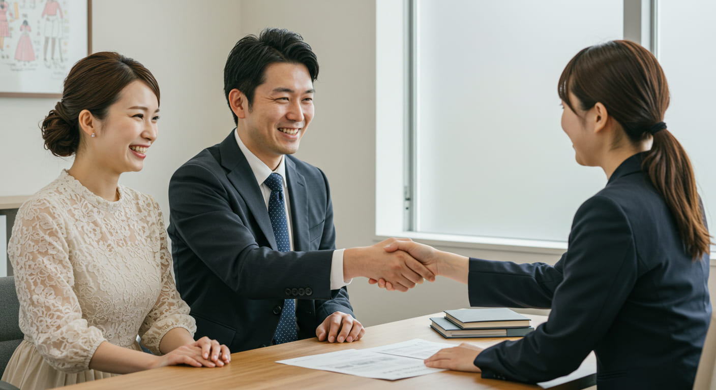 結婚式デジタル化の導入が成功し、満足している新郎新婦がプランナーと最終確認をしている達成感のある場面