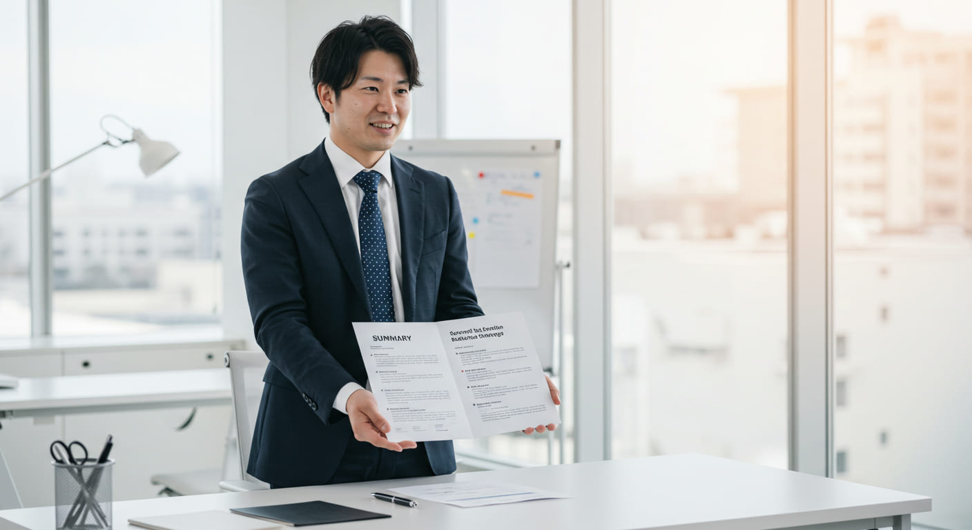 引き出物コスト削減のポイントをまとめて説明する専門家の満足そうな表情、完成した資料を前にした達成感ある様子