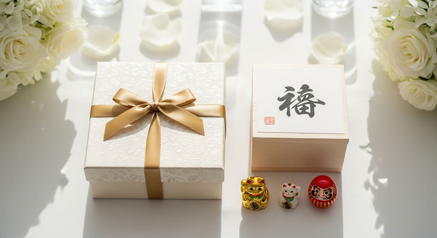 結婚式の引き出物の基本3品構成を示すエレガントな配置、メインギフト・引き菓子・縁起物が白いテーブルの上に並べられている洋風ウェディング演出