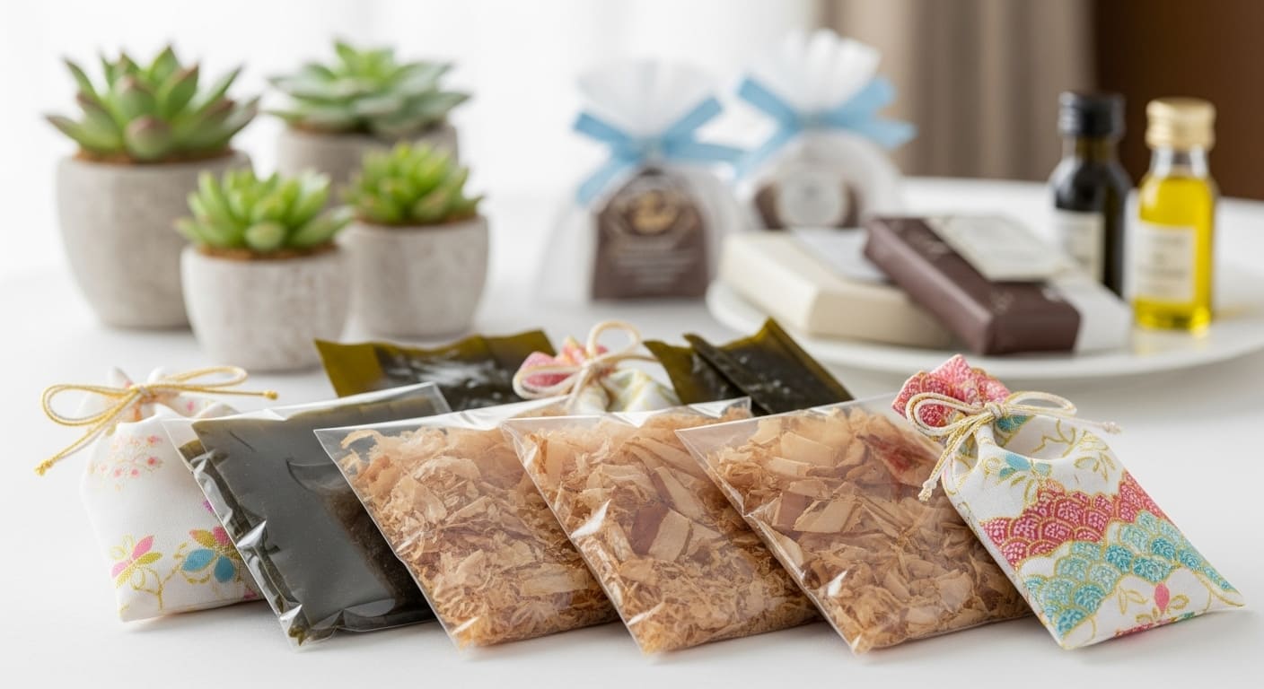 結婚式引き出物の伝統的な縁起物を前景にフォーカスし背景をぼかした写真。