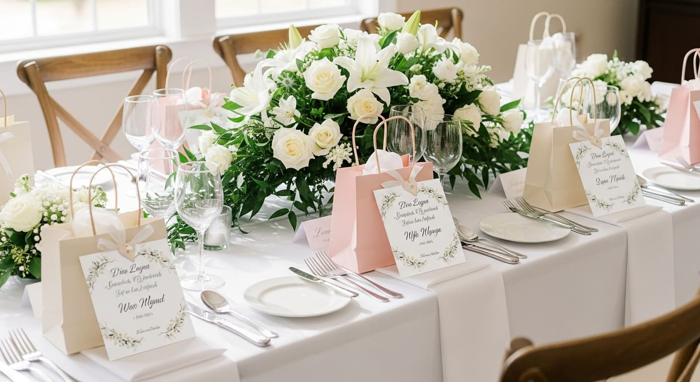 披露宴テーブルに整然と並ぶ異なるデザインの引き出物ギフトバッグと個別カードのあるウェディング会場の準備風景