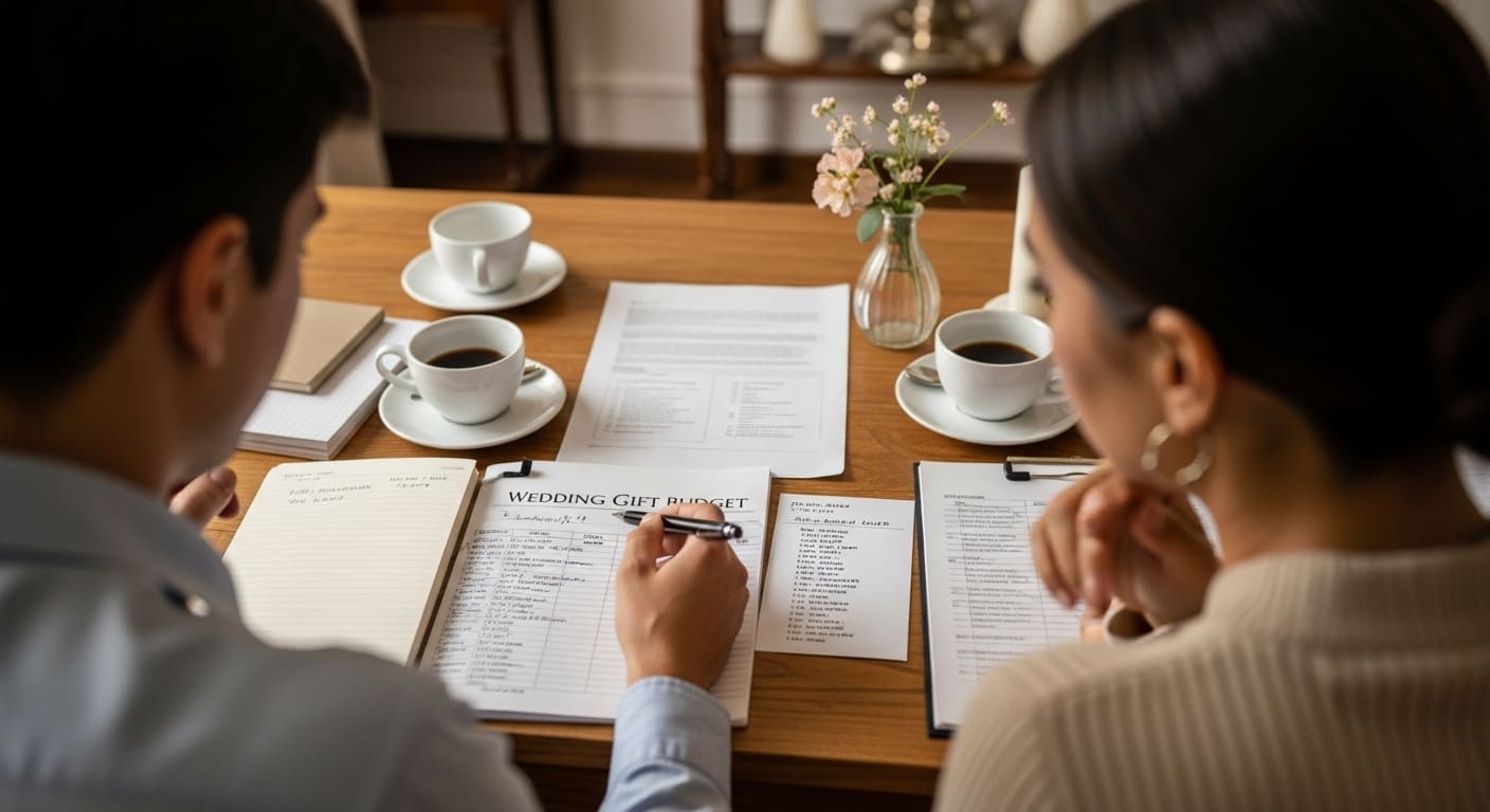 結婚式の引き出物選びで失敗する原因として、予算重視で質を犠牲にしたり、ゲスト目線を欠いた自己満足の選定をする新郎新婦の相談風景