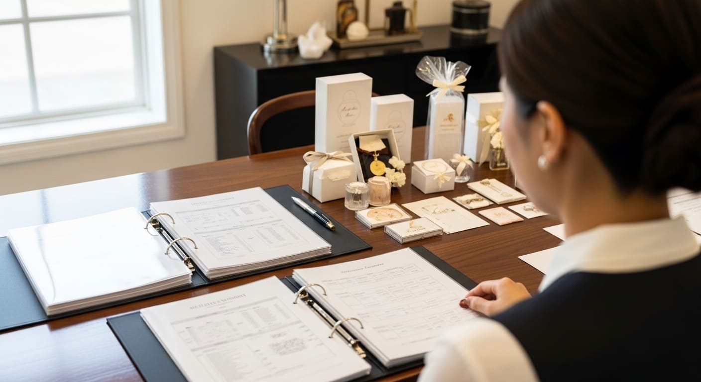 肩越しに見えるウェディングプランニング資料とギフトサンプルが並ぶ相談テーブルの風景