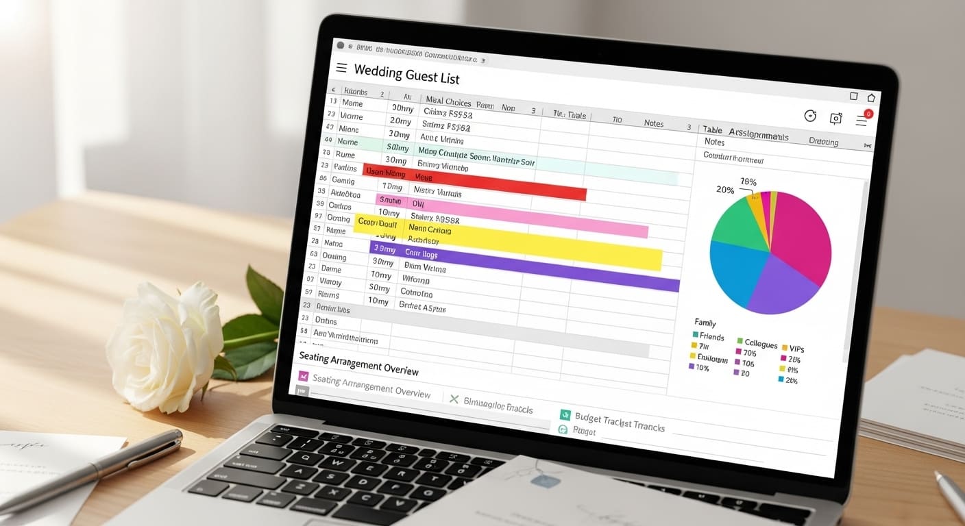 クローズアップでゲスト名簿とグループ分け表のディテールと色分けラベルが見える作業テーブル