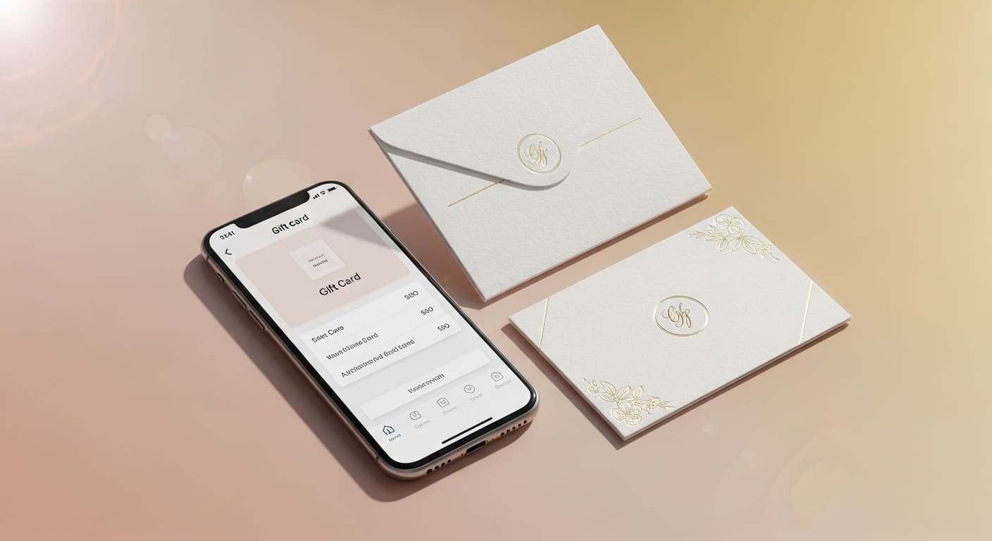 45-degree angle, modern gift card system for wedding favors with smartphone display, Western-style wedding card design, elegant minimalist style, bright natural lighting, gradient background with light effects, technology meets tradition concept, commercial photography, clean sophisticated atmosphere, high resolution