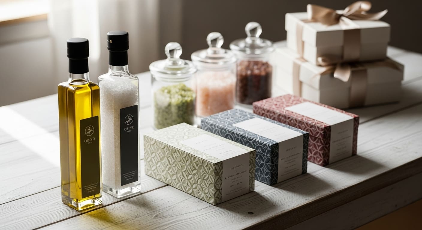 結婚式の引き出物として人気の高級調味料セットや入浴剤などの実用品を斜め上から撮影した写真。