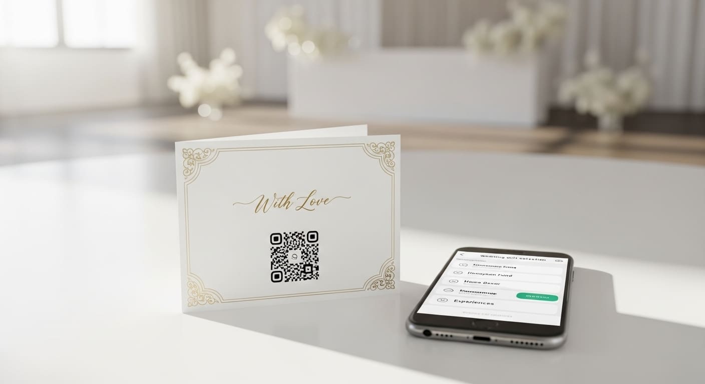 手前にKIZUNAギフトカードとQRコード、奥にぼかしで見えるスマートフォン選択画面の配置