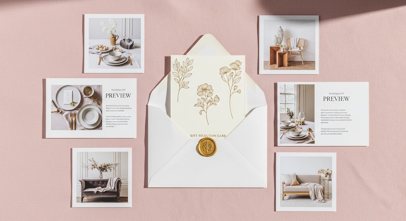 結婚式の引き出物選択カードシステムを美しく配置したフラットレイ写真。