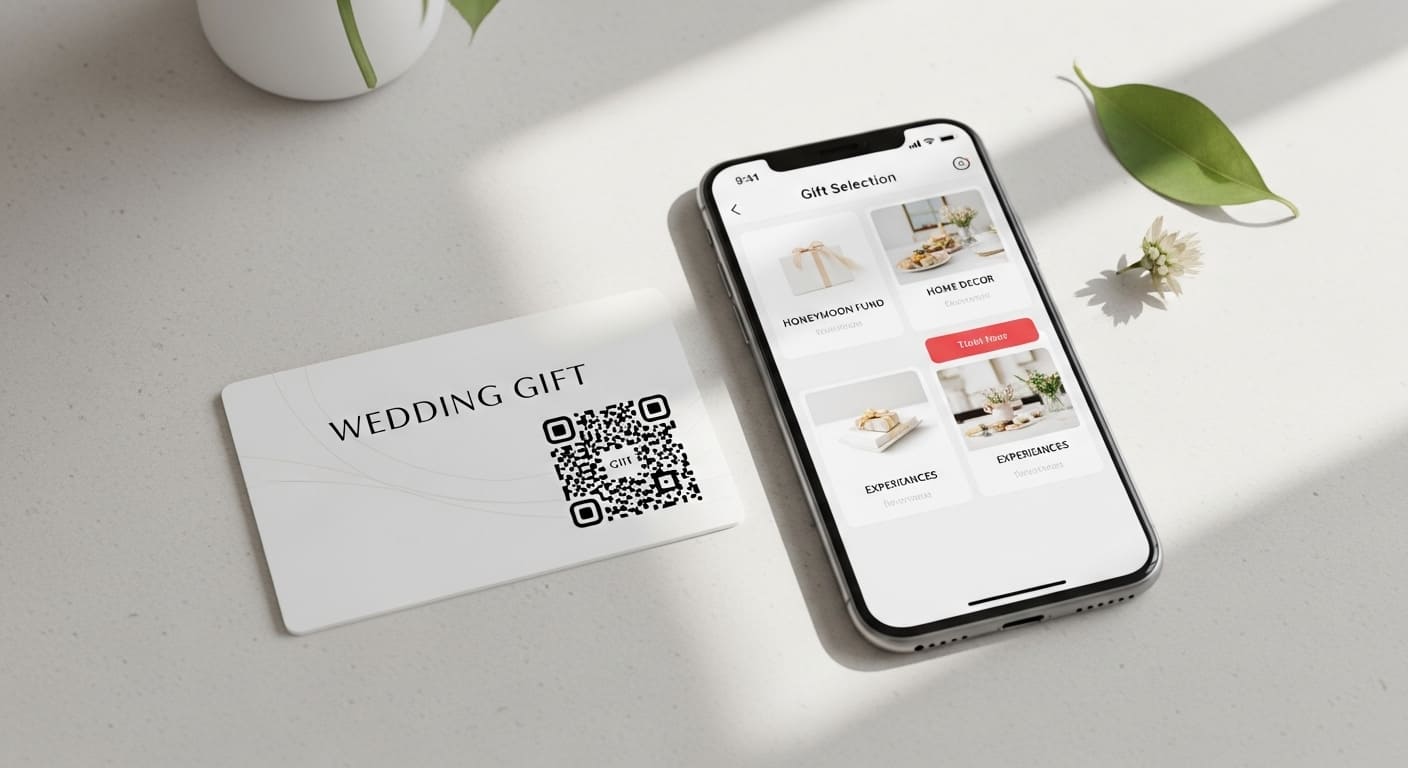 KIZUNA型ゲスト選択制システムを示す、引き出物カードとスマートフォンでの商品選択画面、QRコードによる簡単引換の仕組み