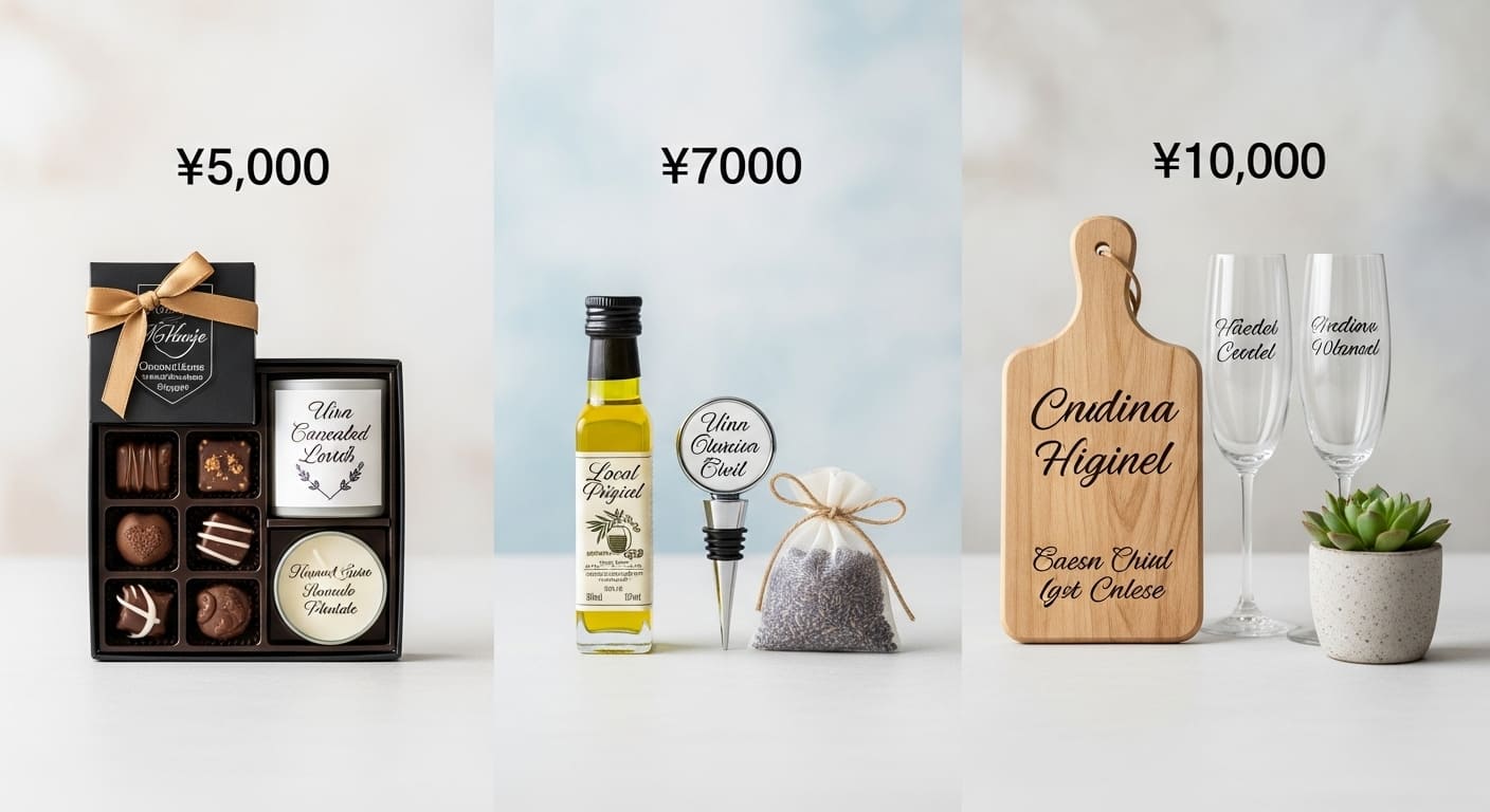 Product focus with blur background, three wedding favor sets at different price points displayed from left to right, 5000 yen 7000 yen 10000 yen packages, Western-style wedding gifts, price tags visible, neutral gradient background, bright natural lighting, commercial comparison photography, clean professional style, high resolution