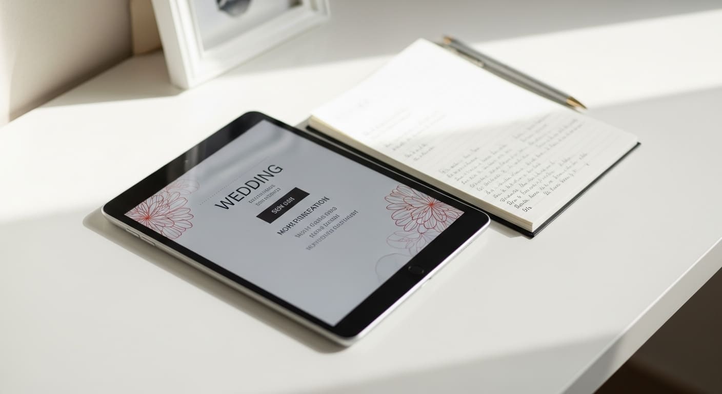 結婚式の引き出物に関する疑問をタブレットで調べている様子を斜め上から撮影した写真。