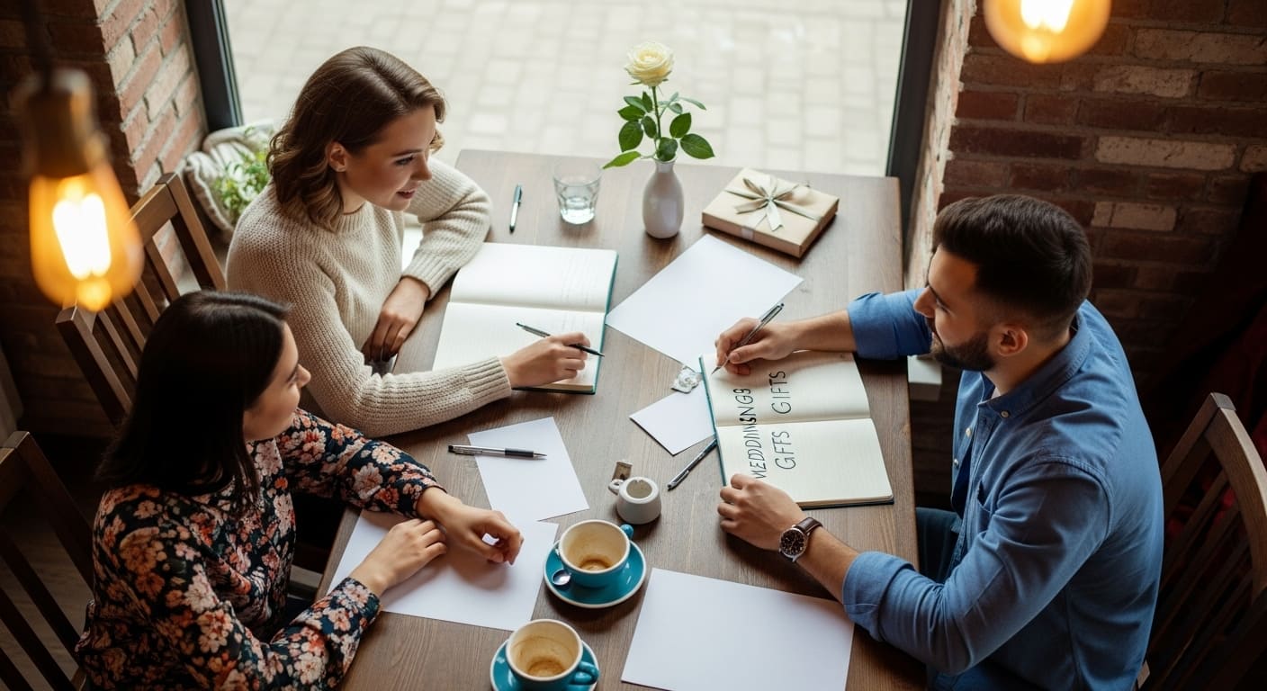 ゲスト満足度を高める引き出物の実践的な選び方として、友人や家族にアドバイスを求める新郎新婦が相談している会話シーン