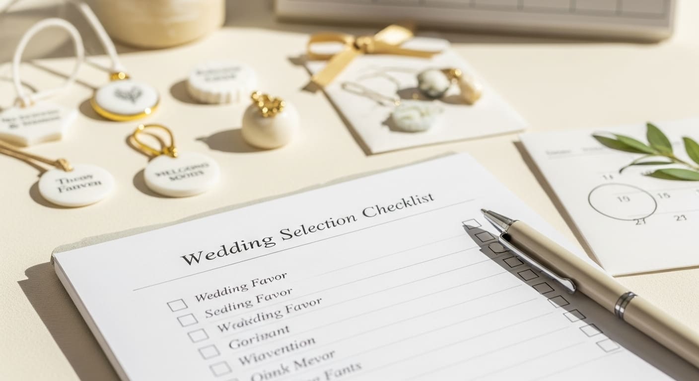 引き出物選びのチェックリストとギフトサンプル、洋風ウェディング準備に必要な確認項目と計画ツールが配置された実用的なシーン