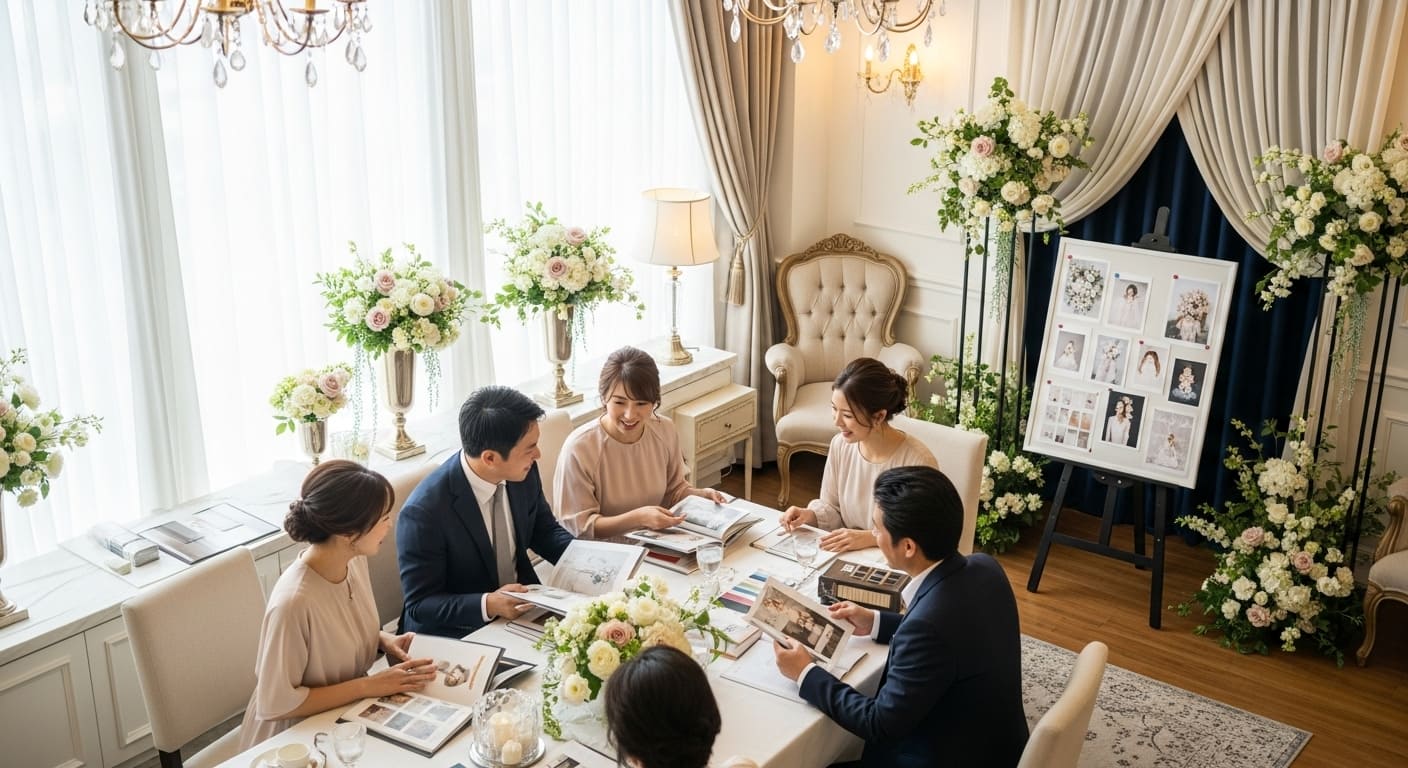 高角度斜め俯瞰で見える両家の親とカップルが資料を囲み贈りわけを相談する打ち合わせテーブル